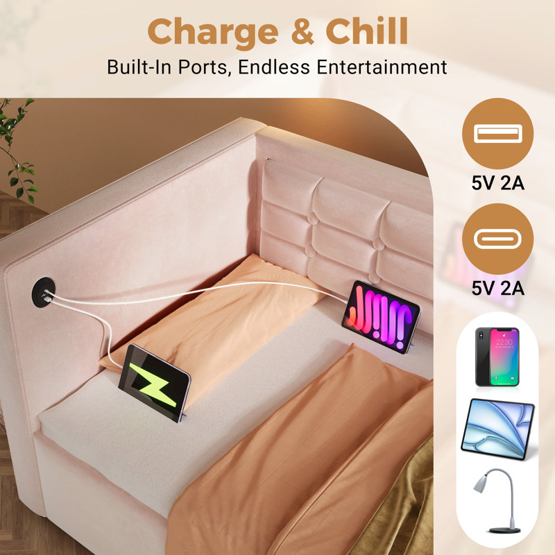 Lit de jour simple en velours rose, cadre de lit avec rangement hydraulique et charge de type C, lattes en bois et conception de sommeil tranquille