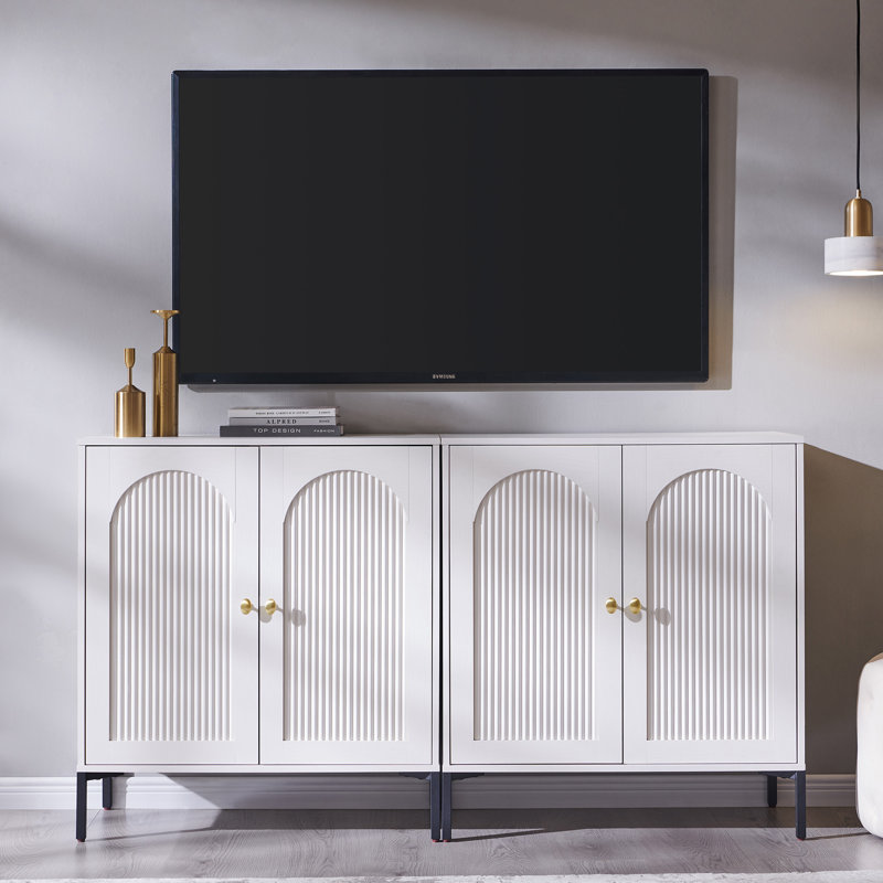  Modern TV Stand for TVs Up to 70", 61.75" W Wooden Modular Storage TV Cabinet w/Adjustable Shelves (Set of 2), White, 2
