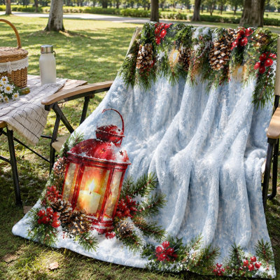 Cozy Christmas Lantern Snow Flake Design Fleece Throw Blanket, All-Season Lightweight Plush Bed Blanket for Sofa, Couch, Bedroom, Living Room Home Decoration