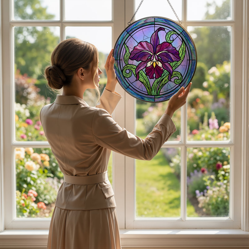 Panneau de vitrail 12 "H Orchid, H 12 po x l 12 po