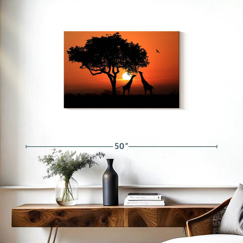 Couple de girafes Brampt au coucher du soleil, H 20 po x l 30 po