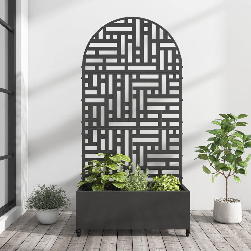 Arch Metal Planter Box with Trellis with Wheels, 72" H x 35" W x 16" D