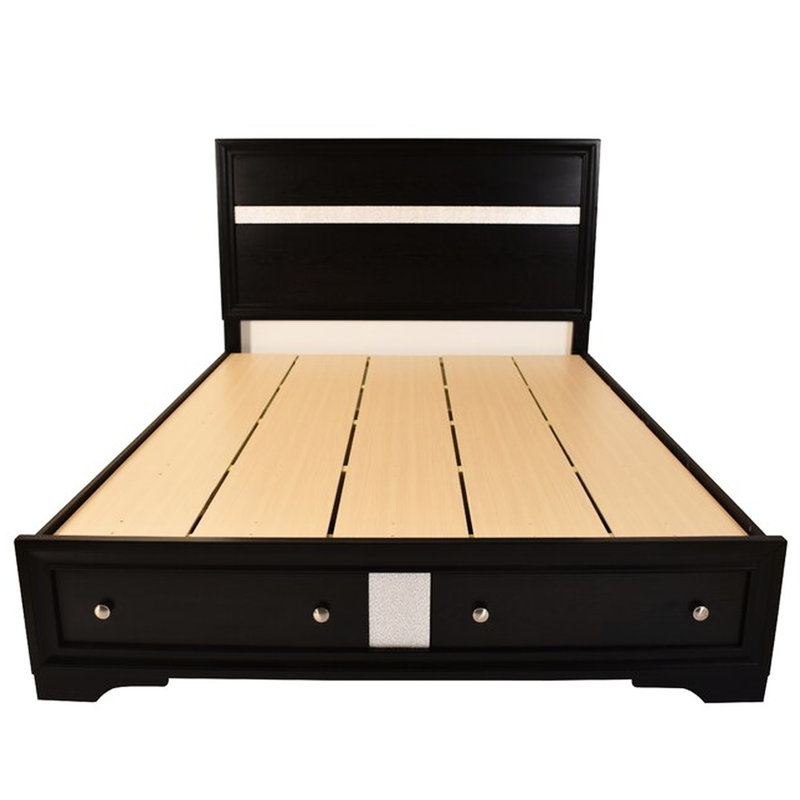Lit de rangement traditionnel noir pleine grandeur avec matériaux en bois, deux tiroirs, conçu pour la chambre à coucher, et confortable