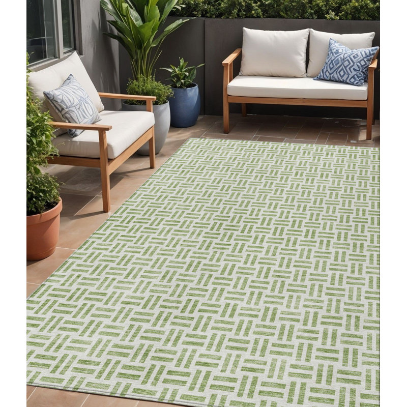 Tapis intérieur / extérieur géométrique lavable 5 pi x 8 pi sauge et ivoire