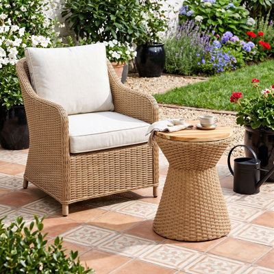 Tabouret en polyrattan 14,2 "avec couvercle en bois et table d'appoint intérieure en résine naturelle SOLHome