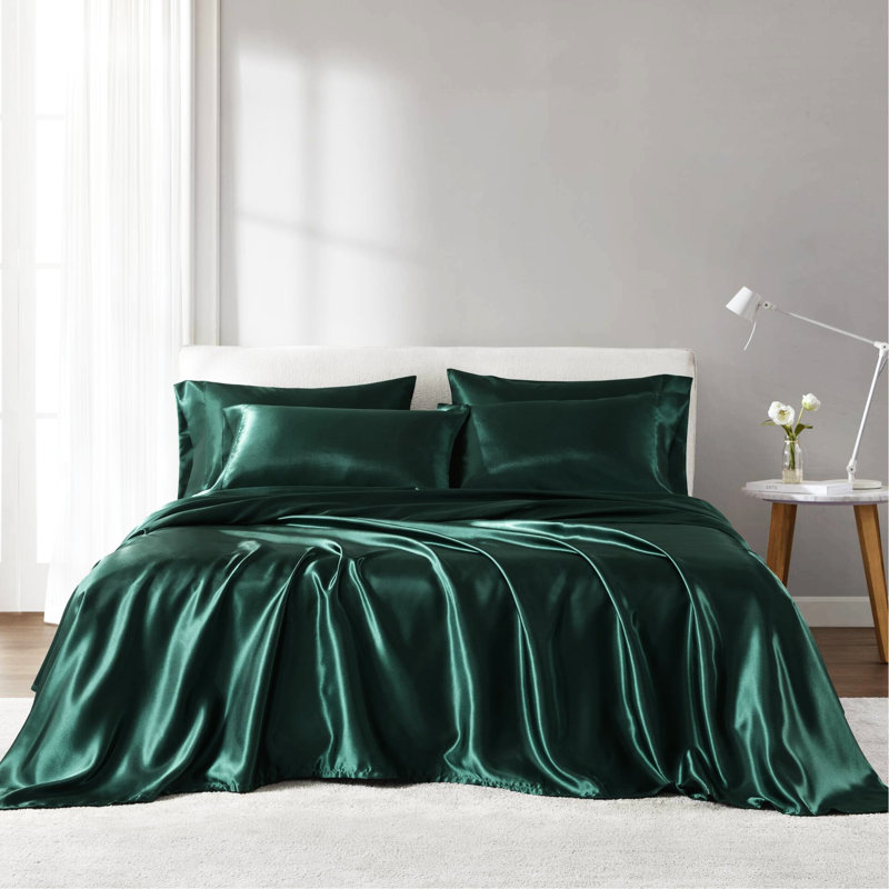 Ensemble de literie pour lit simple en satin - zone de confort infroissable, compatible avec un matelas de 16 po, 1 drap plat, 4 taies d'oreiller ajustées, sensation moelleuse, collection de draps froissés, s'adapte aux matelas