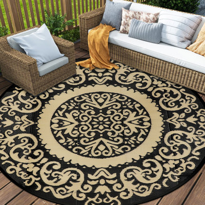 Round Outdoor Rug for Patio 10Ft Reversible Plastic Straw Rug Waterproof Outdoor Mat for Porch Garden Camping and Poolside