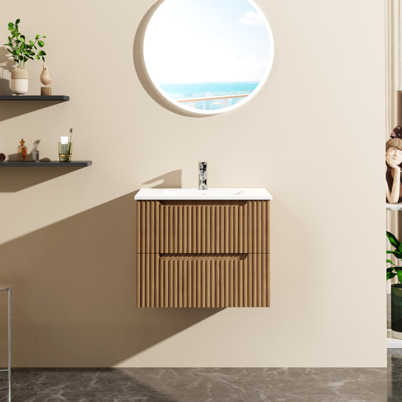 Meuble-lavabo de 24 po avec deux grands tiroirs en noyer, remplissable, glissières à fermeture en douceur, en forme de U pour drain, tiroirs en noyer de style Mid-Century contemporain et classique
