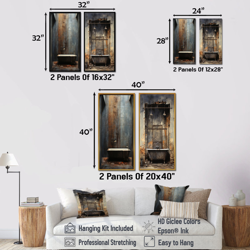 «Black Industrial Minimalist Bath II», ensemble de 2 impressions sur toile de salle de bain, Toile tendue, H 28 po x l 25 po