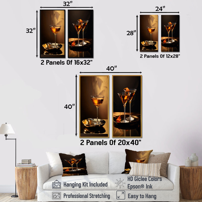 «Sidecar Soiree Bronze Cocktail - Cocktail», ensemble de 2 reproductions d'art sur toile, H 32 po x l 33 po, Encadrement brun