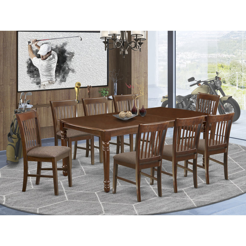 9 Piece Dining Table Set Includes a Rectangle Dining Room Table with Butterfly Leaf and 8 Linen Fabric Chairs, Mahogany