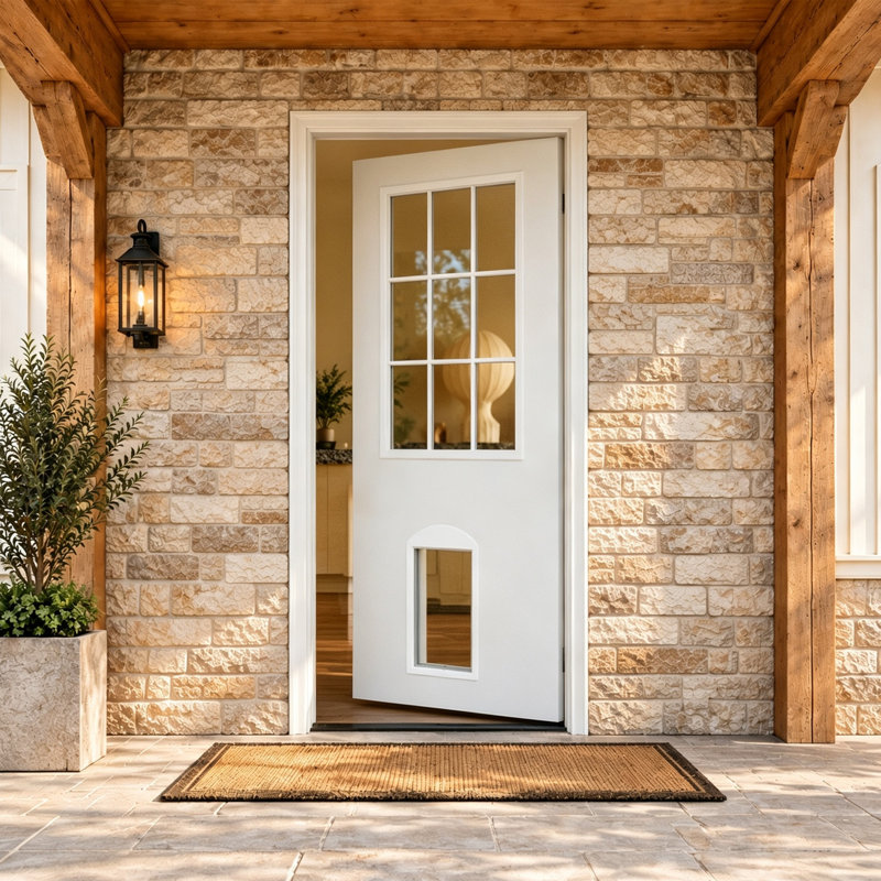 Exterior Front Door with 9-Lite Clear Glass MDF White& Adjustable Magnetic Dog Door, Sound-Reducing Frame, 36"X80", Right
