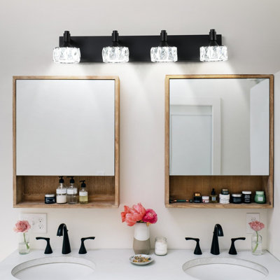 Bathroom Wall Sconce With Matte Black 4- Led And Crystal Glass Lampshade Vanity For