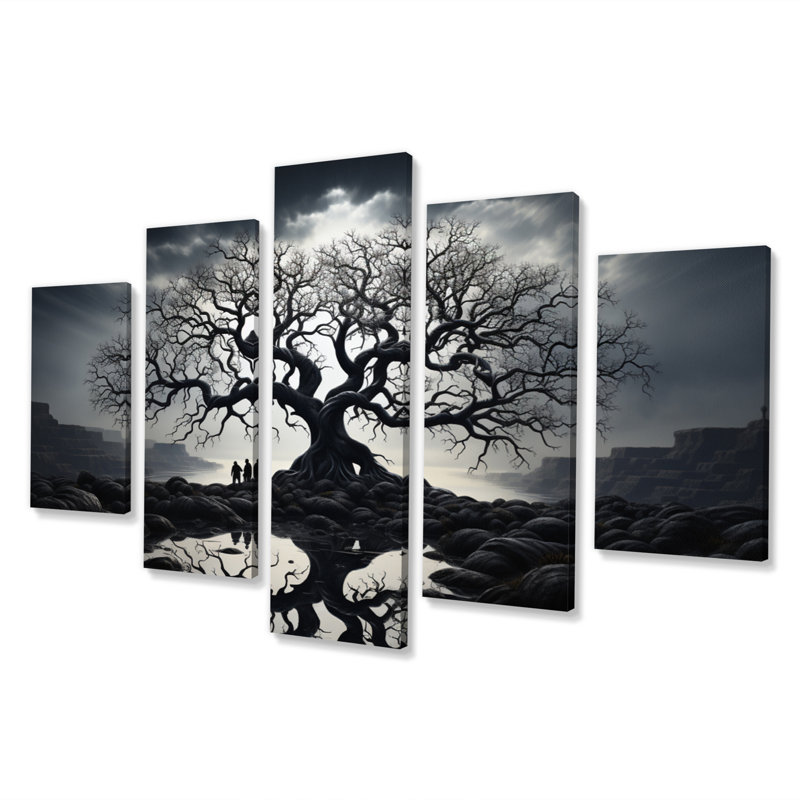 Arbre de contraste monochrome II - décoration murale florale - 5 panneaux