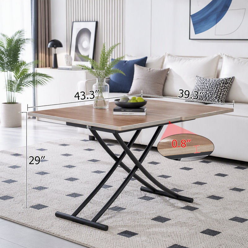 Table relevable multifonctionnelle au design minimaliste moderne, avec plateau en MDF de 2 cm d'épaisseur et pieds en métal noir.