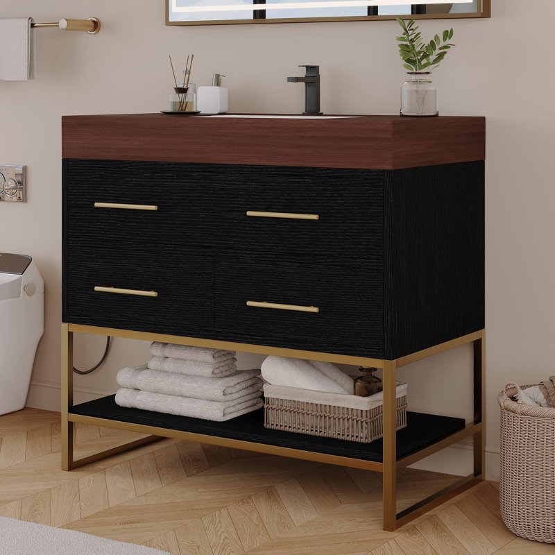 Meuble-lavabo sur pied 36 po avec lavabo en céramique et comptoir en marbre, Noyer