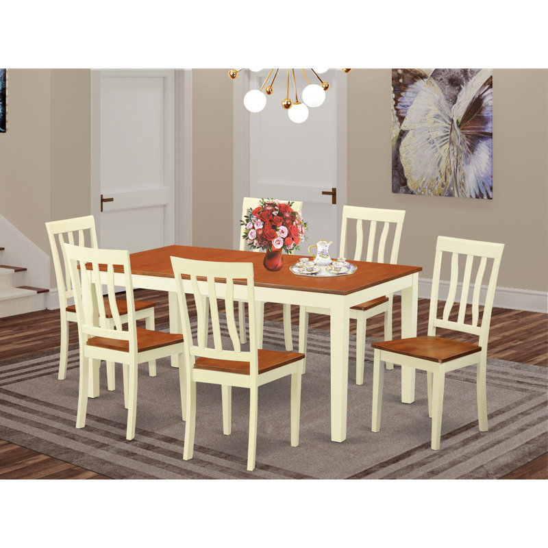7 Piece Kitchen Table & Chairs Set Consists of a Rectangle Dining Table with Butterfly Leaf and 6 Dining Room Chairs, Buttermilk & Cherry