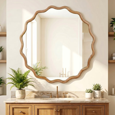  36" Wavy Round Wall Mirror, Natural Wood Solid Wood Frame Decorative Accent Mirror for Bedroom, Bathroom, Living Room, Entryway