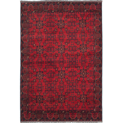 Tapis unique en laine noué à la main Esari Turkoman des années 2010 de 6 pi 6 po x 9 pi 7 po bourgogne / noir Ardath