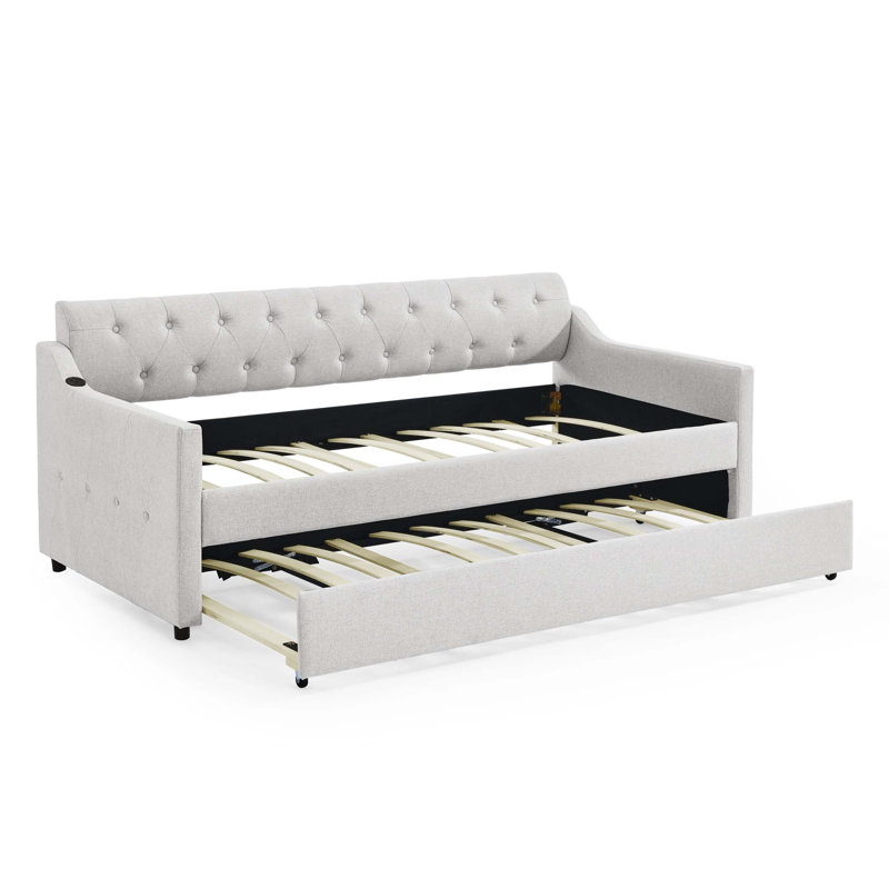 Linen Upholstered Daybed With Erectable Trundle And USB Charging, Ideal For Modern Living And Guest Accommodation