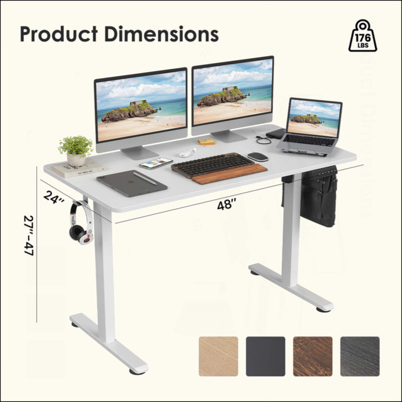 Bureau de travail électrique à hauteur réglable, Blanc, H 45 po x l 48,43 po x P 24 po
