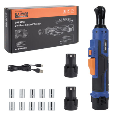 12V Wireless 3/8 in Electric Ratchet Wrench - 45Nm Torque, 0-300 RPM Adjustable Speed, LED Work Light, 2x2000mAh Batteries, Fast Charger, Right Angle Design for Auto Maintenance & DIY