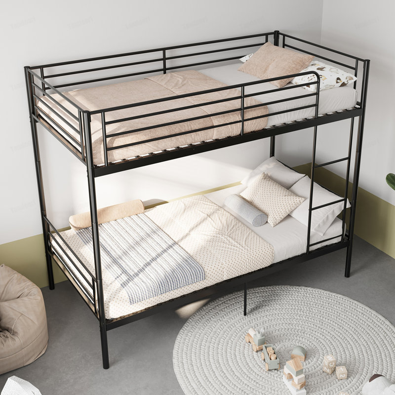 Lit superposé avec échelle et garde-corps haut, 19 traverses de lit, capable de se diviser, lit superposé en métal, espace de rangement, silencieux, lit simple au-dessus d'un lit simple
