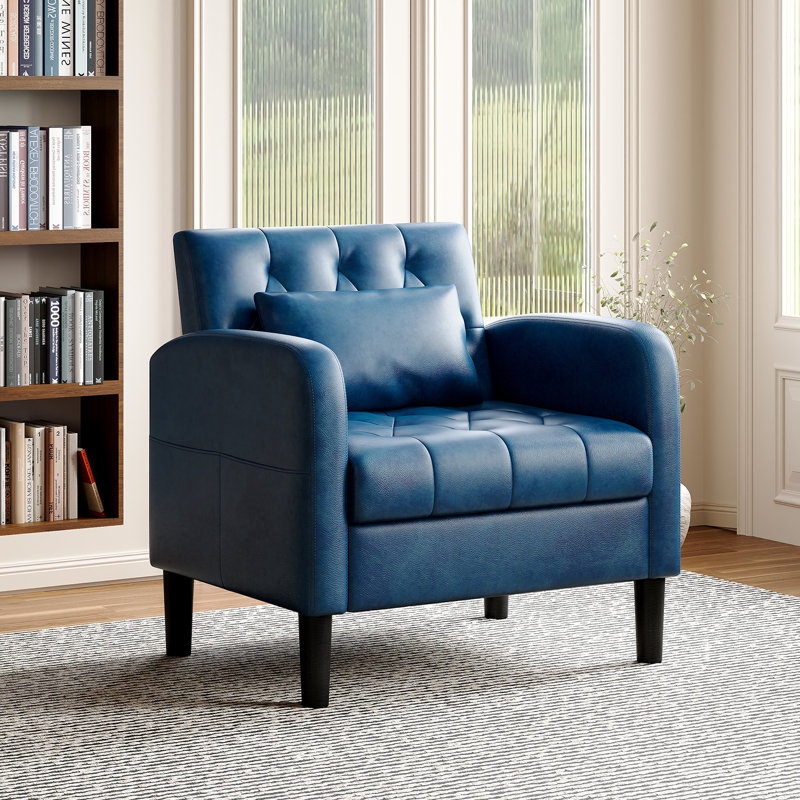 Faux Leather Tufted Accent Chair With Hidden Storage, Blue