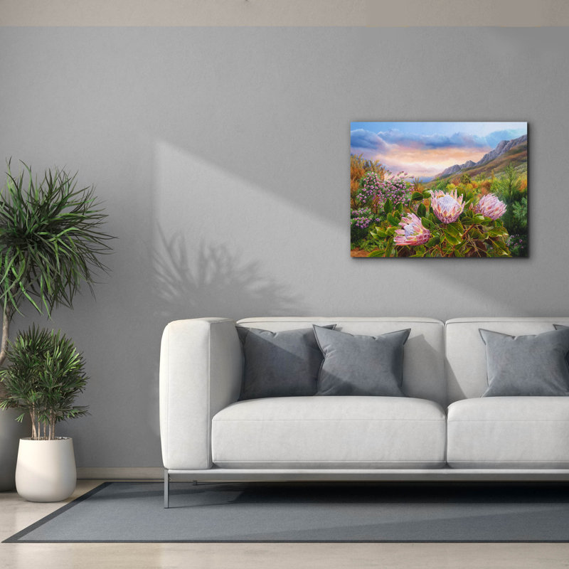 «Pink Proteas» par Delene Lambert, art mural sur toile, H 26 po x l 34 po