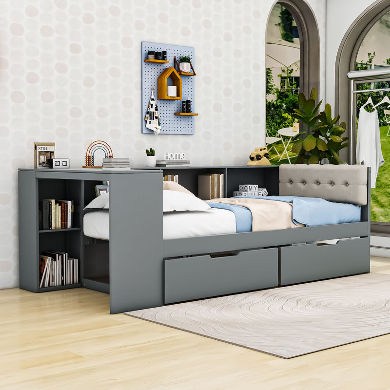 Lit de jour avec tête de lit tapissier, bureau intégré, tiroirs, tablettes et station de charge, Simple, Gris