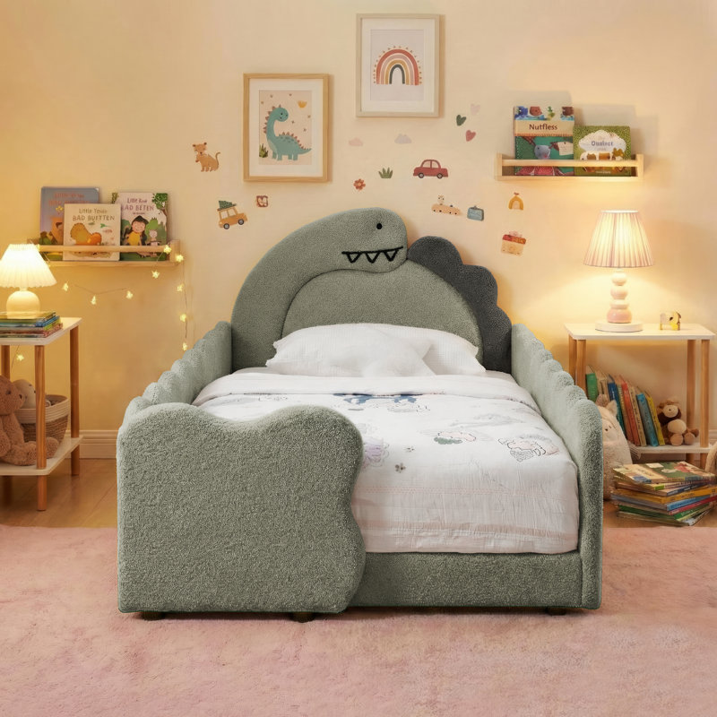 Boucle Upholstered Dinosaur-Shaped Kids Bed With Safety Guardrails And Solid Wood Slat Support, Gray