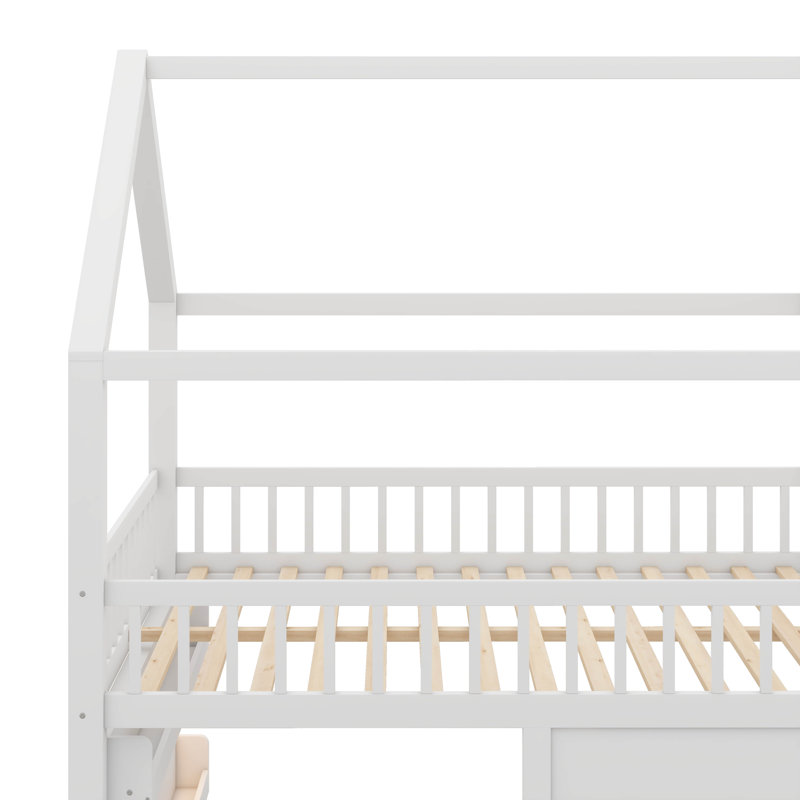 Charmant lit double en bois en forme de maison avec éclairage à DEL doux intégré, Blanc