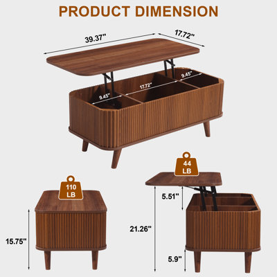 Betty Lift Top Coffee Table with Storage, 39.37 Inch Modern Fluted Convertible Table with Hidden Compartments for Living Room, Walnut