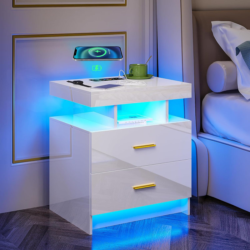 Embert MDF LED Nightstand with Large Open Storage, White