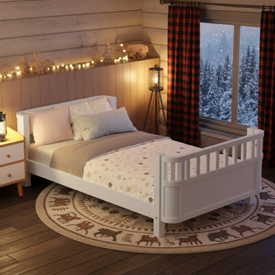 Twin Size Wood Platform Bed For Kids, Wood Low Profile Twin Bed With Rails , White (Patented Design)