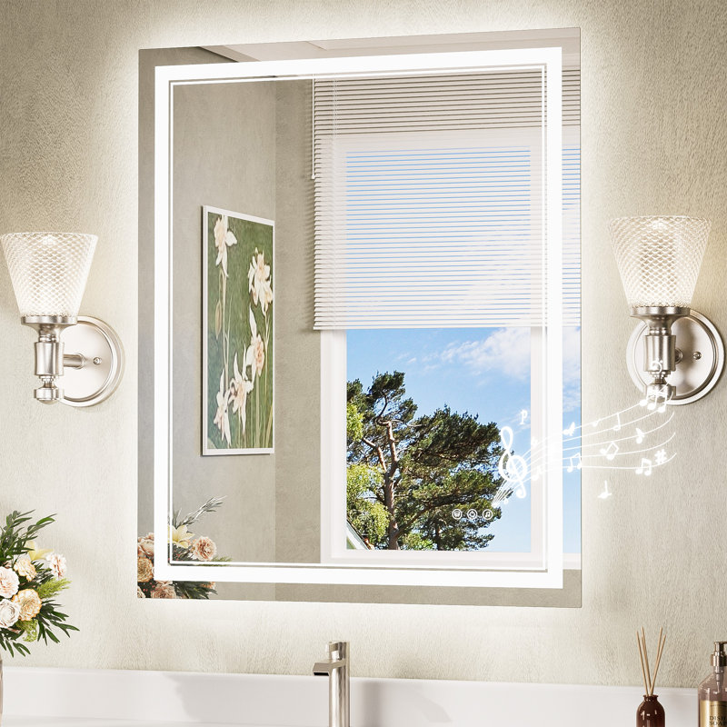 Bluetooth LED Bathroom Mirror Frontlit And Backlit, 3 Colors Temperature & Dimmable Light, Defog, Tempered Glass Vanity Mirror