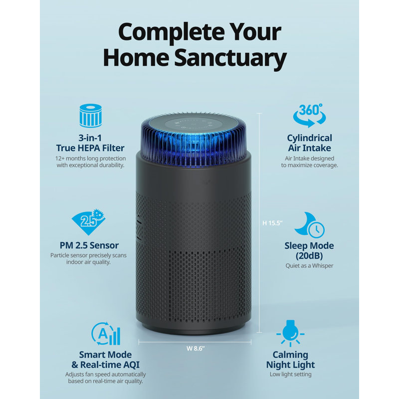Black Cylindrical HEPA Air Purifier with Odor Absorbing Filter