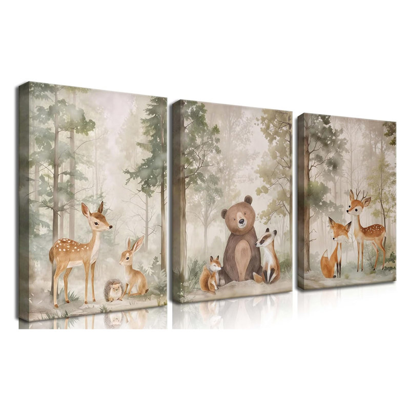 Pépinière, art mural, ensemble de 3 - animaux sauvages de la forêt, ours, renard, aquarelle, peinture, décoration murale, forêt