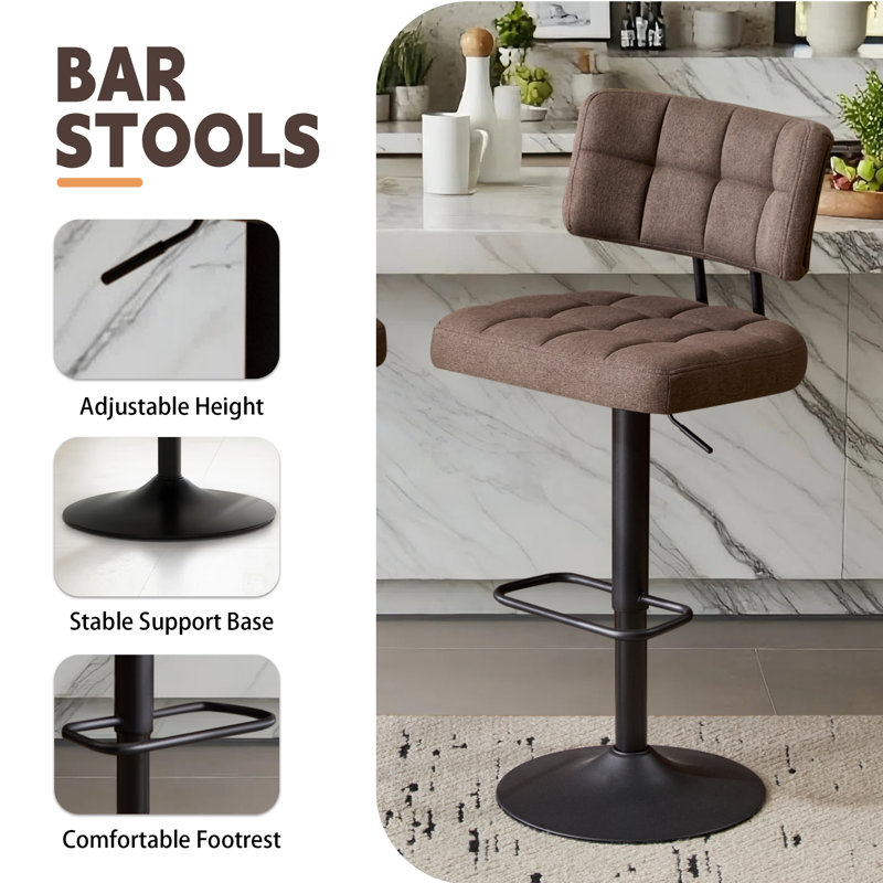  Swivel Adjustable Height Bar Stool ,Counter Height Bar Stools Set of 2, Fabric Upholstered Counter Barstools with Backrest for Kitchen Island, Home Bar,Brown