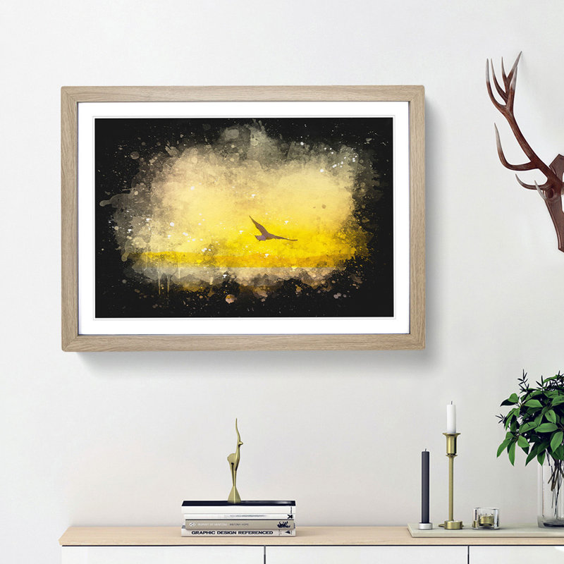 Seagull Flying Over The Beach - Picture Frame Graphic Art, Oak Framed, 45cm H x 63cm W x 2cm D
