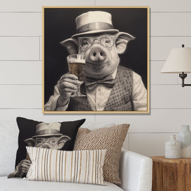 Cochon ayant un verre - Art mural, H 16 po x l 16 po, Encadrement doré
