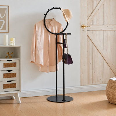 Cheska Suit Valet Stand with Circular Frame - Tie Jacket Clothes Hooks, Freestanding Clothing Organizer