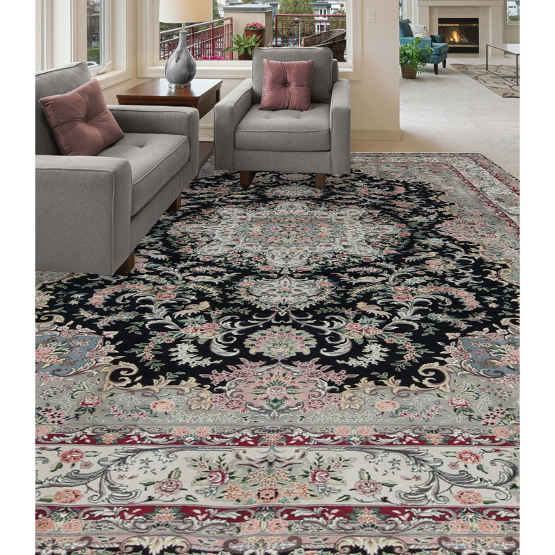 Wool Oriental Area Rug in Black/Light Green/Pink