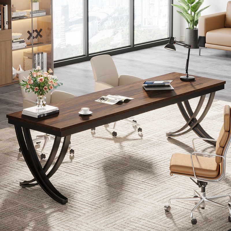  Dolliver 78.74" Extra Long Double Computer Desk With Unique Metal Legs （Only Desk), Brown/Black