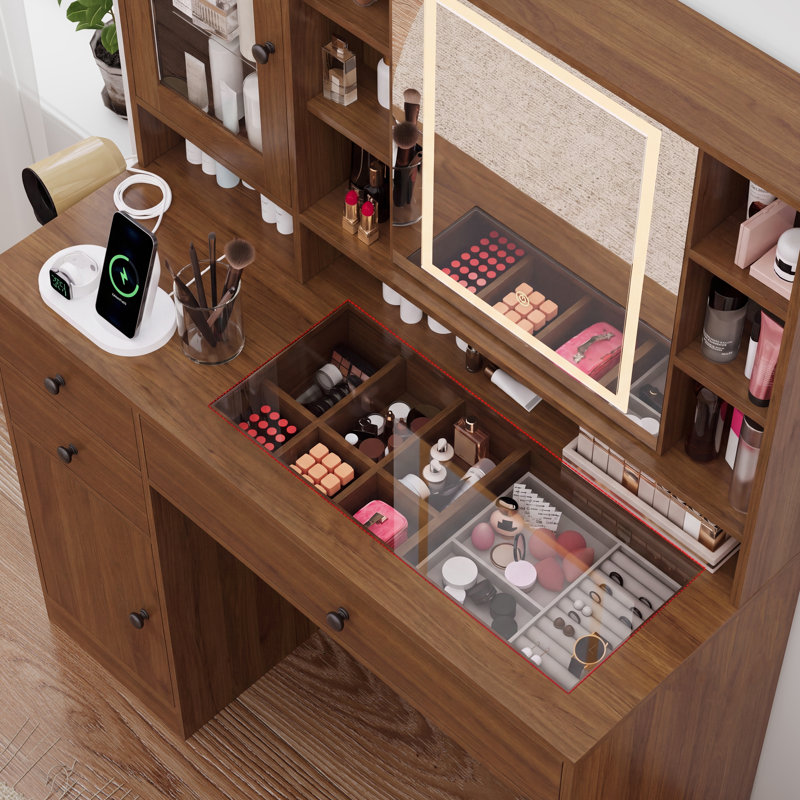 Bureau de coiffeuse avec miroir et lumière, Noyer