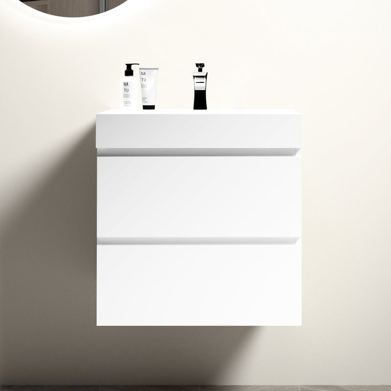 Lavabo intégré contemporain à surface solide en blanc brillant - Ajoute du luxe au drain et au robinet de salle de bain non fournis avec un look moderne et inclus