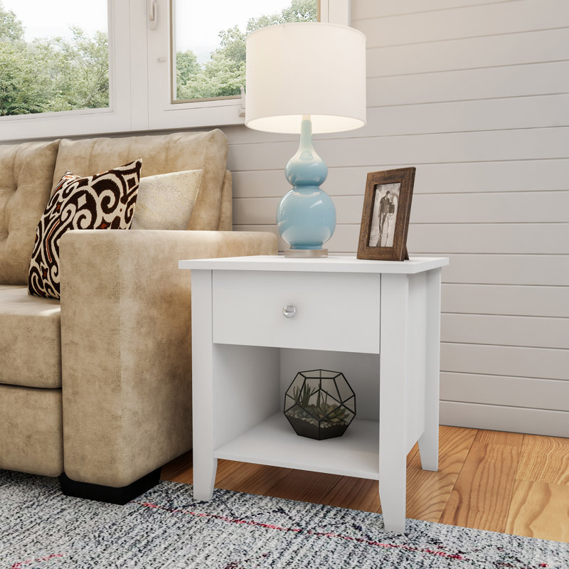 White Manufactured Wood End Tables with Drawer and Storage Shelf, Set of 2