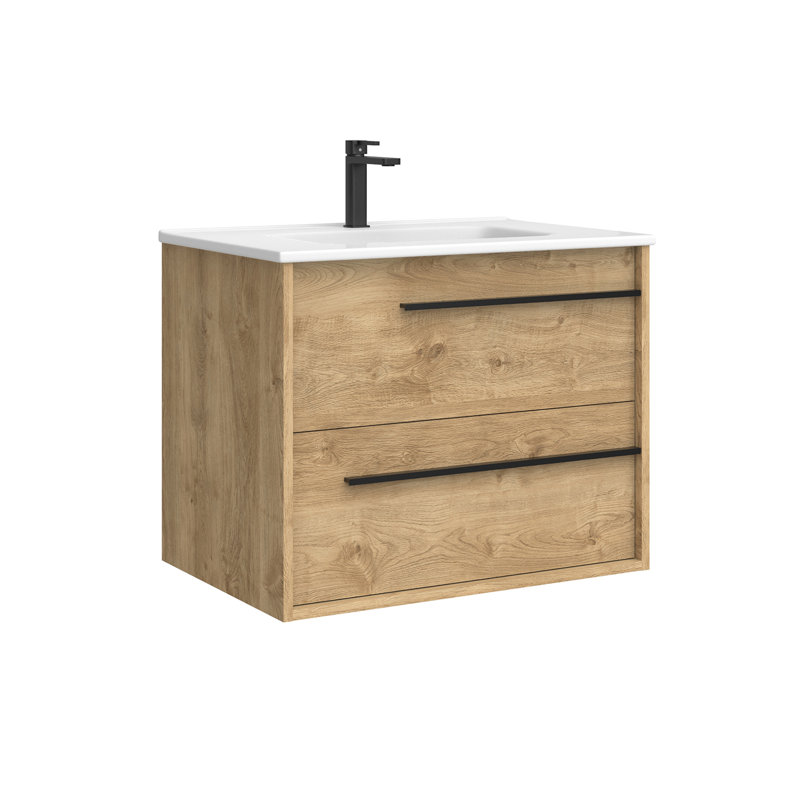Meuble-lavabo mural simple avec plateau en céramique Lotus, Chêne naturel, 28"