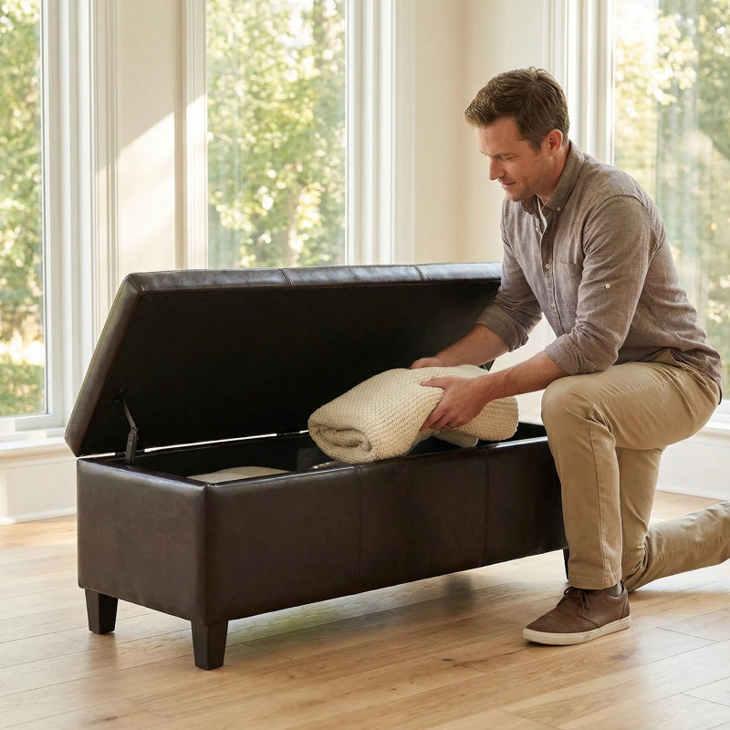 Contemporary Rectangle Storage Ottoman Bench In Faux Leather, Assembled