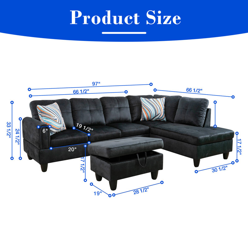 97'' Velvet Sofa, Black Velvet